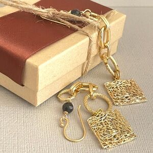 Black Onyx & Gold Drop Earrings – Long Geometric Boho Luxe Dangles 4 inches